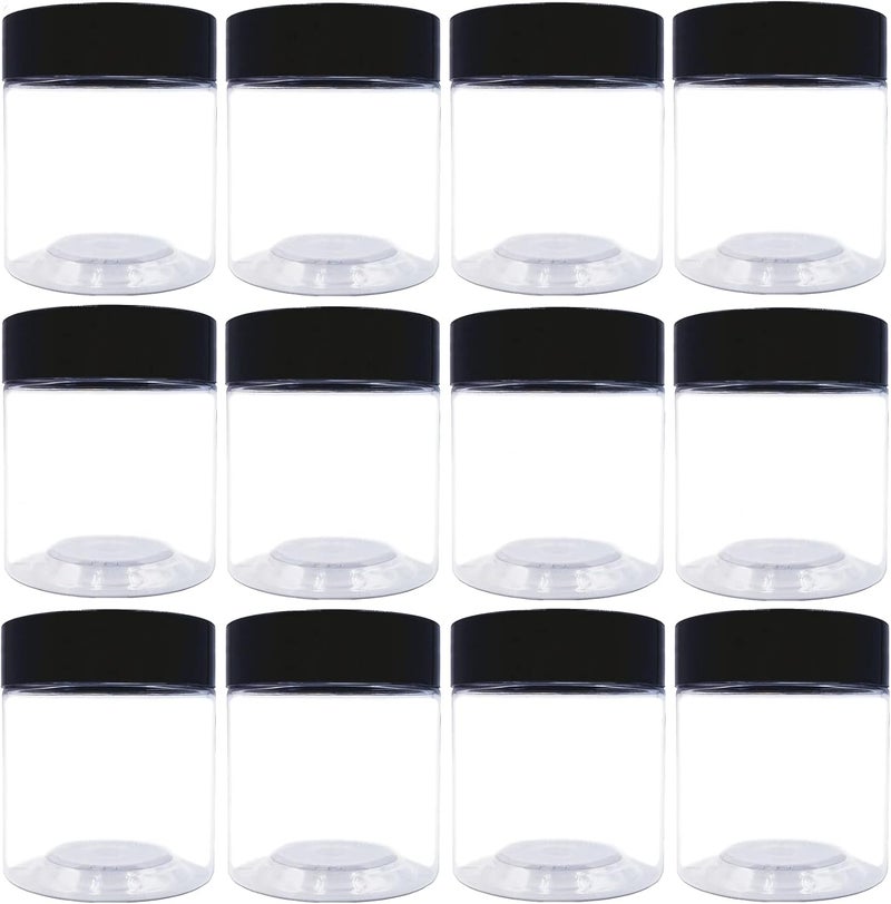 hodooly 12 Pack 4 oz Plastic Jars,Wide-mouth Clear Storage Containers with Black Lids, Empty Round Clear Plastic Jars with Lids and labels for Body Butter, Bath Salt, Slime and Beauty Products