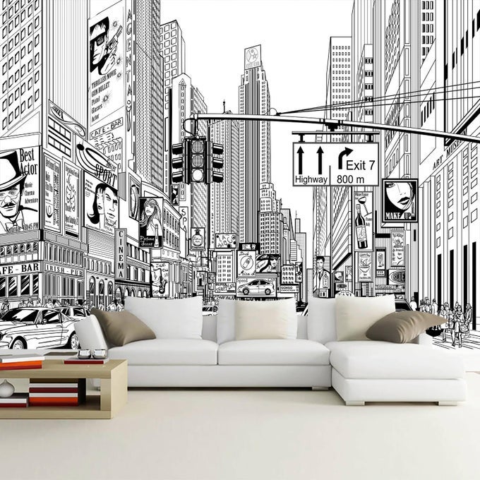 BLACK AND WHITE NEW YORK CITY WALLPAPER HAND PAINTED TIMES SQUARE WALL MURAL DECORATION FOR LIVING ROOM BEDROOM OFFICESNOT PEEL AND STICK
