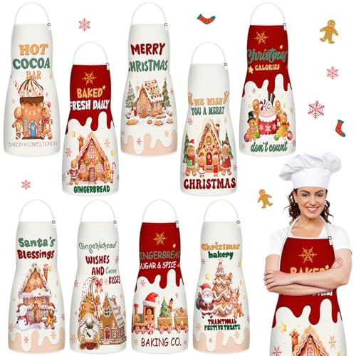 JenPen 9 Pcs Christmas Aprons Adjustable Funny Holiday Gingerbread Aprons Bulk Cute Kitchen Cooking Apron Gifts for Women Men for Baking Chef Xmas Party Supplies - Image 1