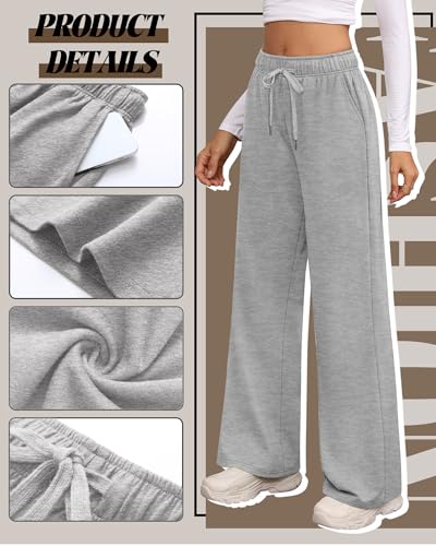 Riyiper 3 Pack Women Wide Leg Sweatpants Drawstring Straight Pants Elastic Waist Joggers Open Bottom Sweatpants with Pockets(Light Gray, Dark Gray, Black,L) - Image 3