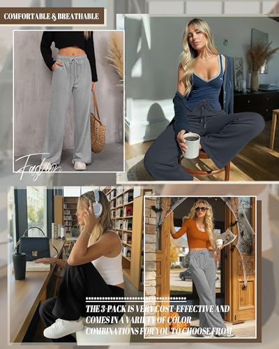 Riyiper 3 Pack Women Wide Leg Sweatpants Drawstring Straight Pants Elastic Waist Joggers Open Bottom Sweatpants with Pockets(Light Gray, Dark Gray, Black,L) - Image 5