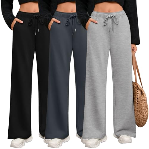 Riyiper 3 Pack Women Wide Leg Sweatpants Drawstring Straight Pants Elastic Waist Joggers Open Bottom Sweatpants with Pockets(Light Gray, Dark Gray, Black,L) - Image 1