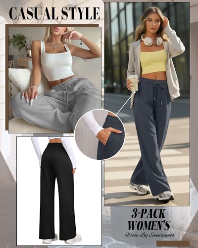 Riyiper 3 Pack Women Wide Leg Sweatpants Drawstring Straight Pants Elastic Waist Joggers Open Bottom Sweatpants with Pockets(Light Gray, Dark Gray, Black,L) - Image 4