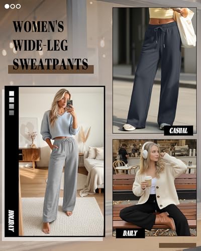 Riyiper 3 Pack Women Wide Leg Sweatpants Drawstring Straight Pants Elastic Waist Joggers Open Bottom Sweatpants with Pockets(Light Gray, Dark Gray, Black,L) - Image 2