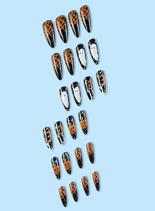 NICENEEDED 24 PCS Halloween Medium Press on Nails with Ghost Pumpkin, Cobweb Almond Shaped Plastic False Nails, Full Cover Fake Nails with Jelly Glue for Halloween Nails - Image 4