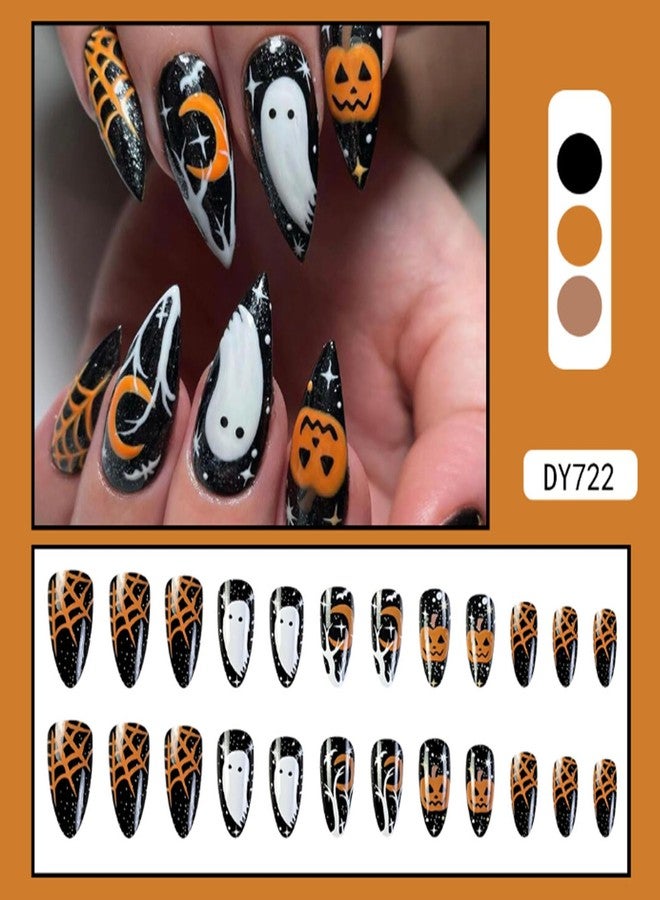 NICENEEDED 24 PCS Halloween Medium Press on Nails with Ghost Pumpkin, Cobweb Almond Shaped Plastic False Nails, Full Cover Fake Nails with Jelly Glue for Halloween Nails - Image 3