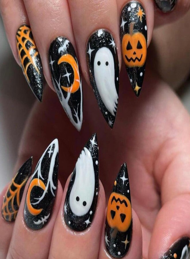 NICENEEDED 24 PCS Halloween Medium Press on Nails with Ghost Pumpkin, Cobweb Almond Shaped Plastic False Nails, Full Cover Fake Nails with Jelly Glue for Halloween Nails - Image 1