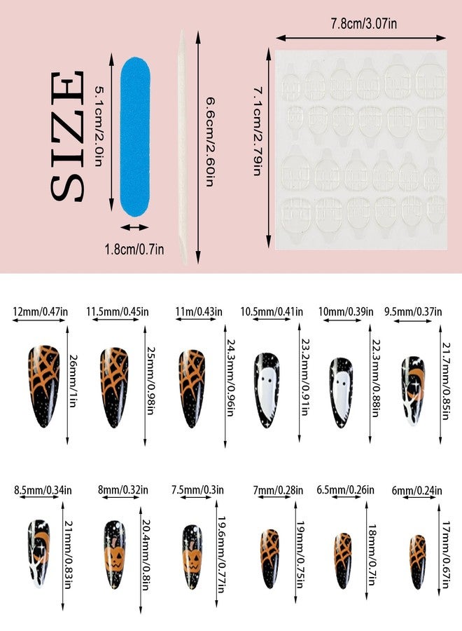 NICENEEDED 24 PCS Halloween Medium Press on Nails with Ghost Pumpkin, Cobweb Almond Shaped Plastic False Nails, Full Cover Fake Nails with Jelly Glue for Halloween Nails - Image 2