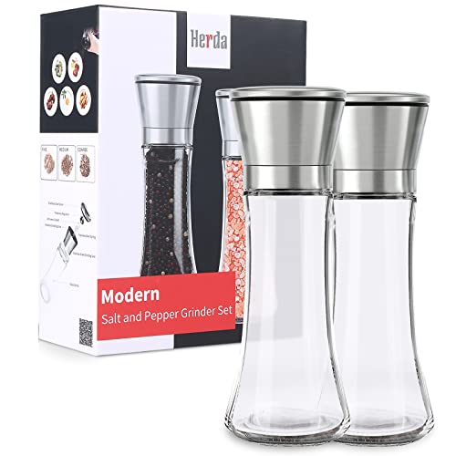 Herda Salt and Pepper Grinder - Refillable 304 Brushed Stainless Steel Shaker - Adjustable Ceramic Sea Salt & Pepper Grinder - Tall Glass Salt- Pepper Mill & Salt Mill (2Pcs) - Image 1