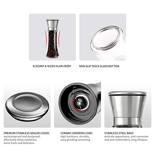 Herda Salt and Pepper Grinder - Refillable 304 Brushed Stainless Steel Shaker - Adjustable Ceramic Sea Salt & Pepper Grinder - Tall Glass Salt- Pepper Mill & Salt Mill (2Pcs) - Image 4