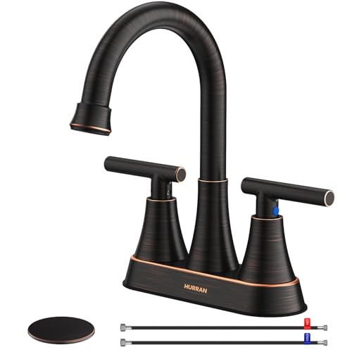 Hurran Bathroom Faucets for Sink 3 Hole, Hurran 4 inch Oil Rubbed Bronze Bathroom Sink Faucet with Pop-up Drain and Supply Hoses, Stainless Steel Lead-Free Centerset Faucets for Vanity RV - Image 1
