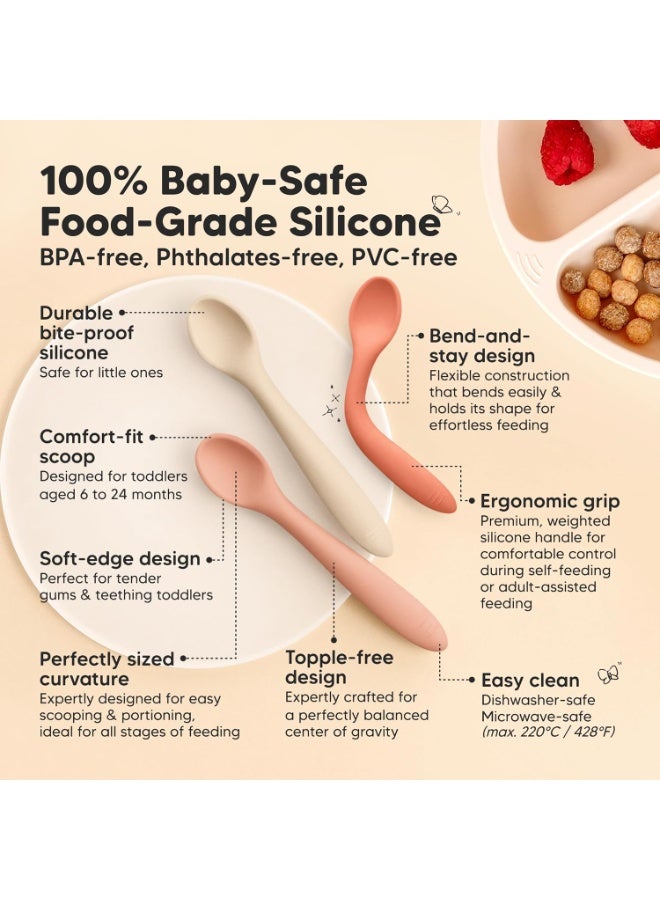 KeaBabies Silicone Baby Spoons, Self Feeding 6-12 months - 3-Pack Baby Weaning Eating Utensils, Toddler First Food Training Spoon, Infant, Kids Feeding Supplies Essential Set,Dishwasher-safe (Roseate) - Image 3