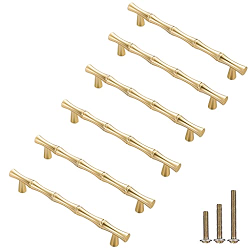 ESreake 6Pcs Bamboo Shape Solid Zinc Alloy Cabinet Knobs Handles, Dresser Drawer Cabinet Cupboard Closet Door Pulls Decorative Furniture Accessories Knobs (Length 6.1"/Hole Distance 5", Golden) - Image 1
