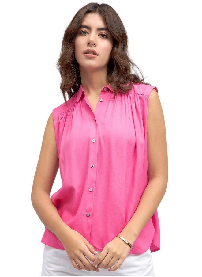 Dennis Lingo Pink Regular Fit Sleeveless Shirt for Women - Modal, Solid, Casual  - Image 2