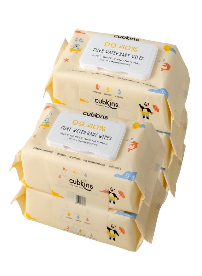 Cubkins Pure Water Baby Wipes | 99.4% Water & Plant-Based Fabric | Unscented, Biodegradable & Hypoallergenic | Cleansing for Sensitive Newborn Skin | Pack of 5 x 72 Wipes Pack (Flip Lid) - Image 1
