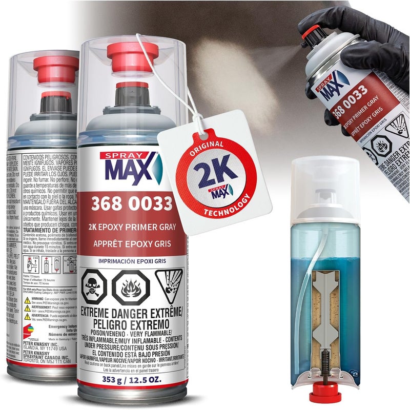 Spray max برايمر إبوكسي 2K رمادي | برايمر 2K للسيارات | طلاء إبوكسي بالرش للمعادن والألمنيوم والفولاذ | مقاوم للصدأ، سريع الجفاف، عالي الالتصاق ودرجة احترافية 12.5 أونصة - Image 1