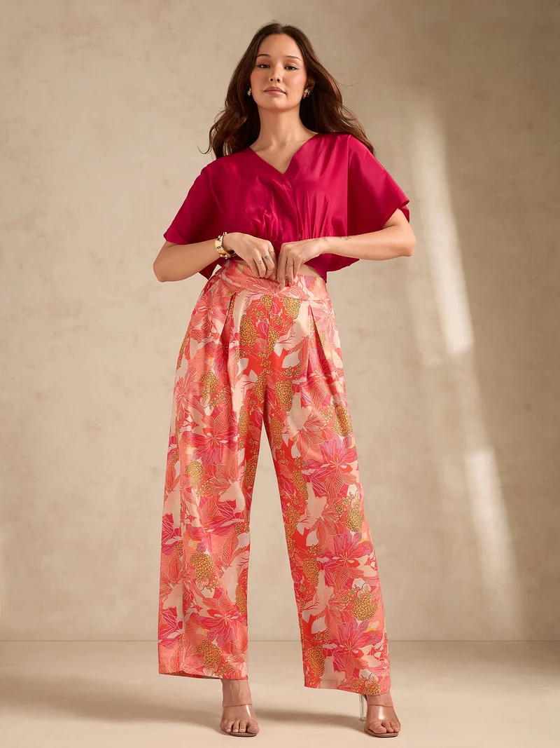 Outzidr  Pink Printed Solid Top With High Rise Wide Leg Trouser Co-Ord Set for Women | Best Price UAE