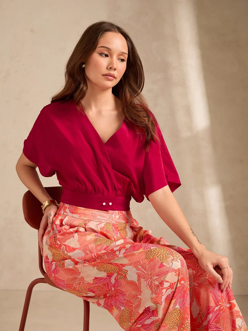 Outzidr  Pink Printed Solid Top With High Rise Wide Leg Trouser Co-Ord Set for Women | Best Price UAE