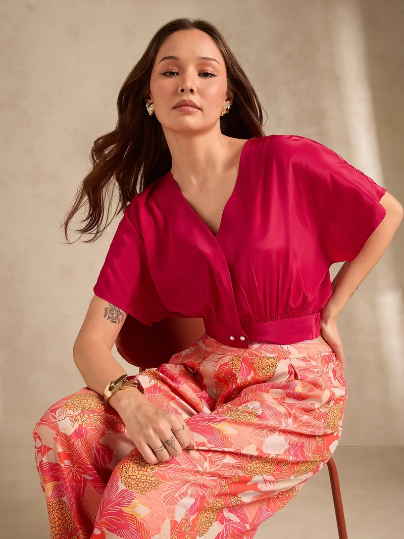 Outzidr  Pink Printed Solid Top With High Rise Wide Leg Trouser Co-Ord Set for Women | Best Price UAE