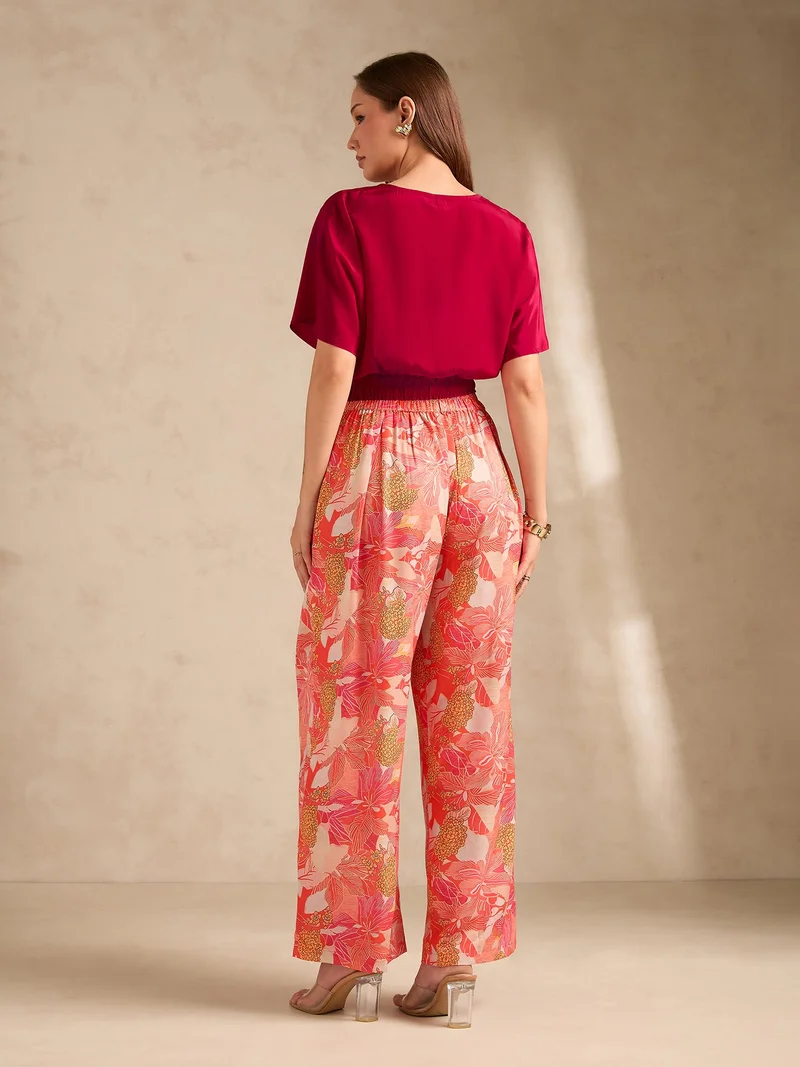 Outzidr  Pink Printed Solid Top With High Rise Wide Leg Trouser Co-Ord Set for Women | Best Price UAE