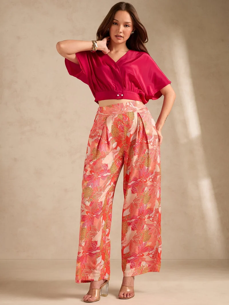 أوجيدر Pink Printed Solid Top With High Rise Wide Leg Trouser Co-Ord Set