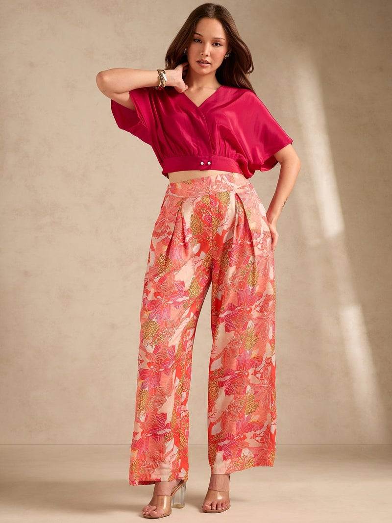 OUTZIDR Pink Printed Solid Top With High Rise Wide Leg Trouser Co-Ord Set - Image 1