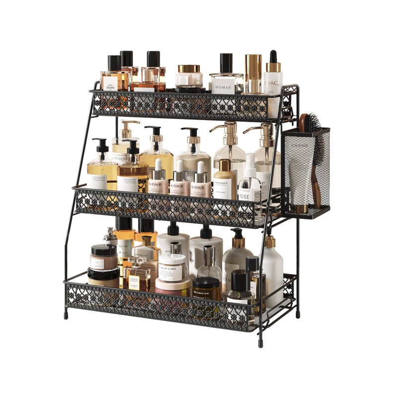 SILUB Vintage 3 Tier Spice Rack Organizer for Kitchen Counter Bathroom Counter Organizer with Bonus Basket 3 Tier Bathroom Counter Organizer for Spices Makeup Perfumes Retro Countertop Organizer - Image 2