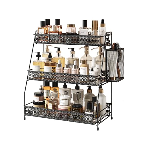 SILUB Vintage 3 Tier Spice Rack Organizer for Kitchen Counter Bathroom Counter Organizer with Bonus Basket 3 Tier Bathroom Counter Organizer for Spices Makeup Perfumes Retro Countertop Organizer - Image 1