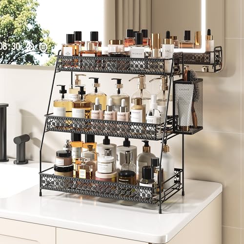 SILUB Vintage 3 Tier Spice Rack Organizer for Kitchen Counter Bathroom Counter Organizer with Bonus Basket 3 Tier Bathroom Counter Organizer for Spices Makeup Perfumes Retro Countertop Organizer - Image 3