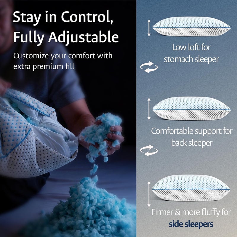 fulocean Cooling Gel Memory Foam Pillows Queen Size Set of 2 for Sleeping,Bamboo Rayon Adjustable Firm Shredded Foam Bed Pillows 2 Pack for Side, Back, Stomach Sleepers Luxury Washable Breathable Pillowcase - Image 2