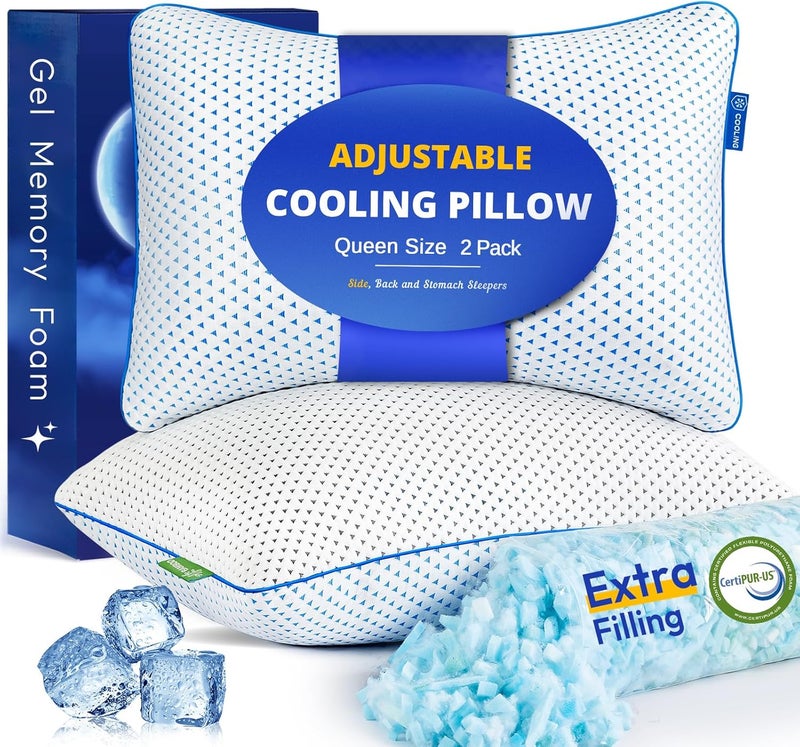 fulocean Cooling Gel Memory Foam Pillows Queen Size Set of 2 for Sleeping,Bamboo Rayon Adjustable Firm Shredded Foam Bed Pillows 2 Pack for Side, Back, Stomach Sleepers Luxury Washable Breathable Pillowcase - Image 1