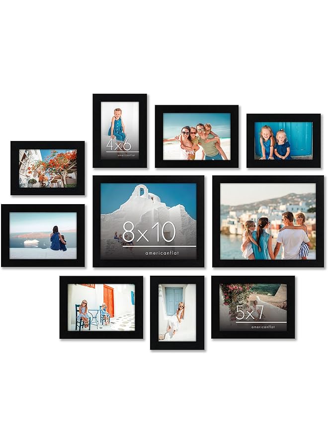 طقم إطارات صور سوداء مكون من 10 قطع | يشمل أحجام 8X10، 5X7، و4X6. زجاج مقاوم للكسر. يشمل أدوات التعليق!