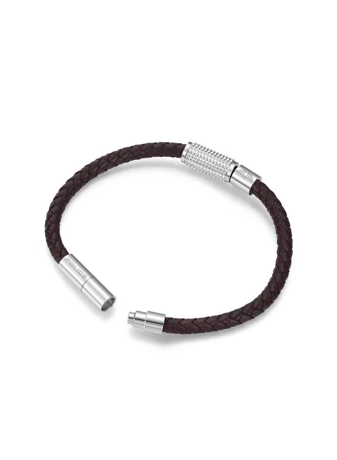 POLICE Urban Texture Silver Charms Black Leather Bracelet Large for Men