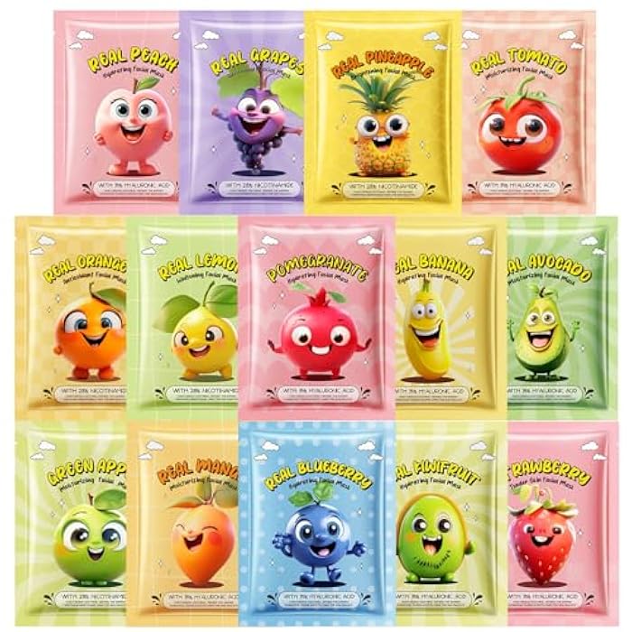 Erinde أقنعة وجه فواكه إيريندي 14 عبوة للعناية بالبشرة للأطفال، قناع وجه مرطب لجميع أنواع البشرة، قناع وجه بكميات كبيرة للعناية ببشرة النساء، هدايا حفلات عيد الميلاد للسبا للفتيات المراهقات - Image 1