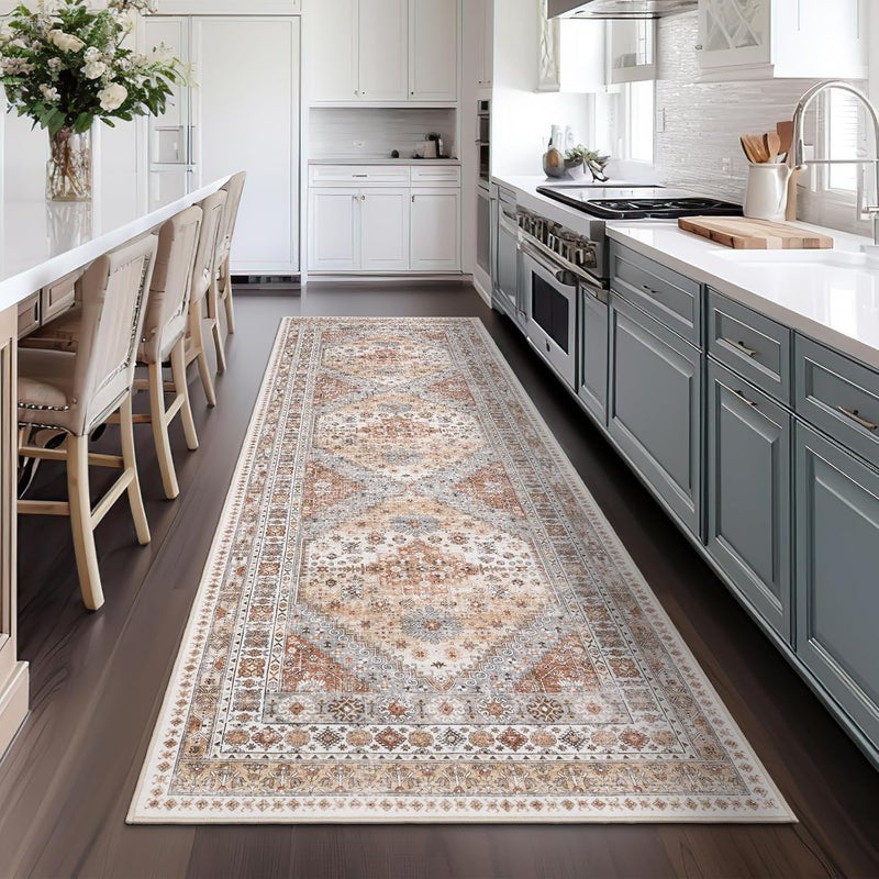 Supreouts سجادة ممر قابلة للغسل، سجادة ممر عتيقة مع ظهر مانع للانزلاق، سجادة أرضية للمدخل وغرفة المعيشة والمطبخ على الطراز الريفي، سجادة مقاومة للبقع (برتقالي، 80 × 240 سم) - Image 2