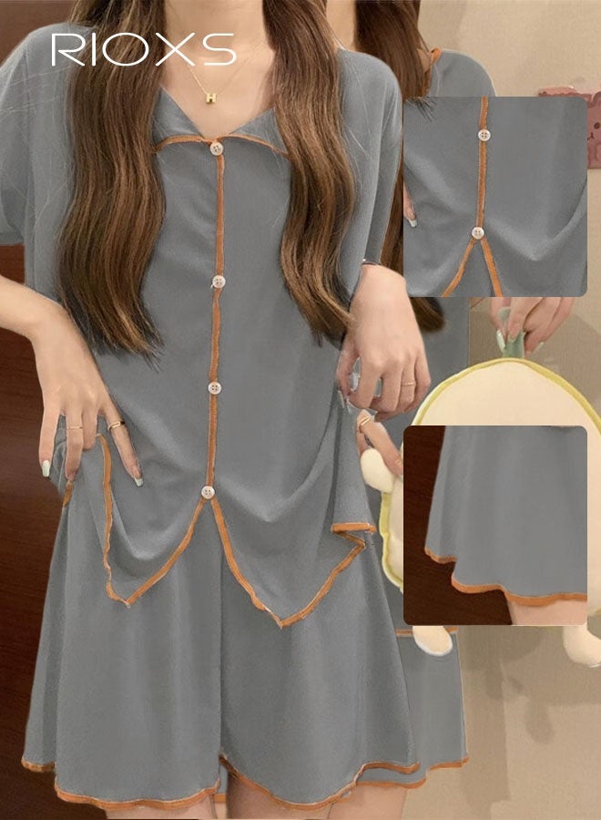 RIOXS Women's 2PCS Summer Pajamas Set, Short Sleeve Button Down Shirt with Elastic Waist Shorts, Skin-friendly Soft Sleepwear, Cozy Stylish Loungewear - Image 3