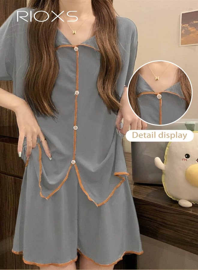 RIOXS Women's 2PCS Summer Pajamas Set, Short Sleeve Button Down Shirt with Elastic Waist Shorts, Skin-friendly Soft Sleepwear, Cozy Stylish Loungewear - Image 5