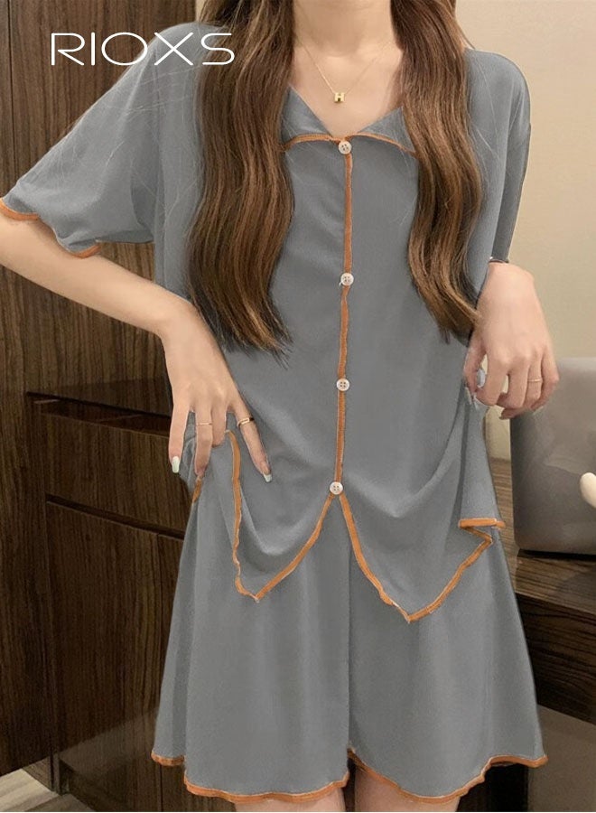 RIOXS Women's 2PCS Summer Pajamas Set, Short Sleeve Button Down Shirt with Elastic Waist Shorts, Skin-friendly Soft Sleepwear, Cozy Stylish Loungewear - Image 1