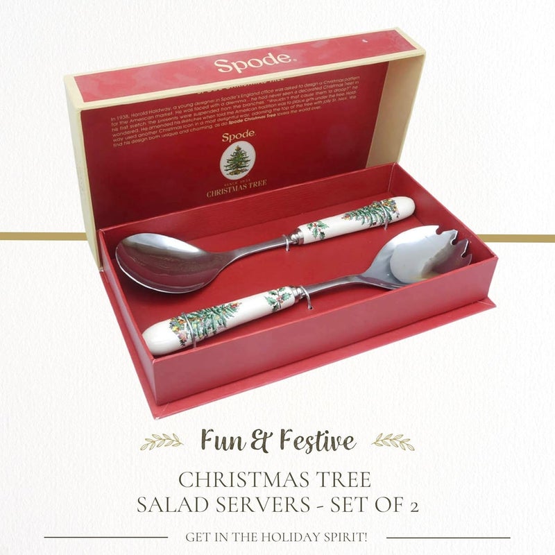 Spode Christmas Tree Salad Server Set (2-Piece) - 10 Inch Stainless Steel with Porcelain Handles, Festive Flatware for Holiday Dining - Dishwasher Safe, Seasonal Entertaining & Gift-Giving - Image 2