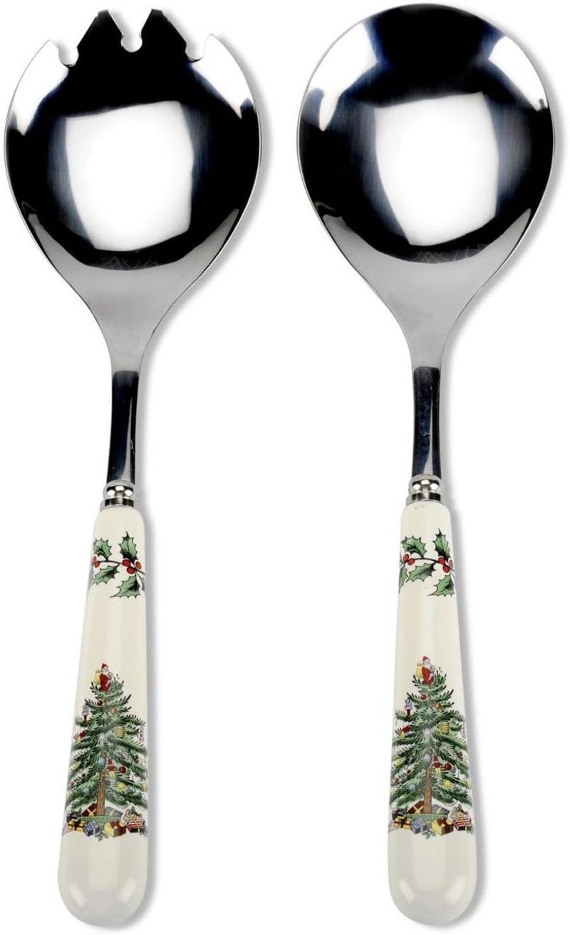 Spode Christmas Tree Salad Server Set (2-Piece) - 10 Inch Stainless Steel with Porcelain Handles, Festive Flatware for Holiday Dining - Dishwasher Safe, Seasonal Entertaining & Gift-Giving - Image 1