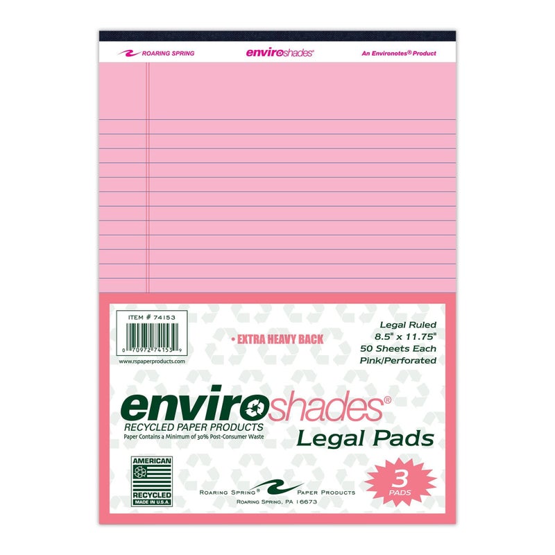 ROARING SPRING Enviroshades Recycled Colored Legal Pads, Pink, 3 Pack, 8.5" x 11", Legal Ruled, 50 Sheets Per Pad, 15 lb Perforated Paper, Made in USA - Image 1