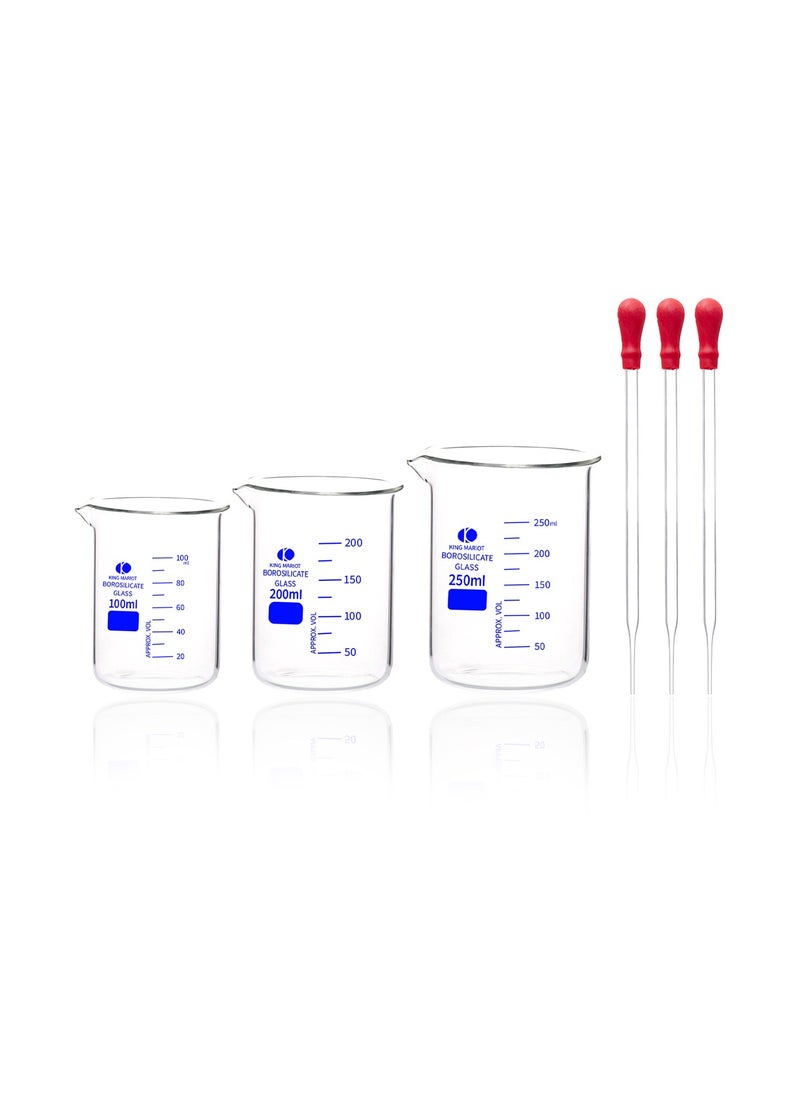 King Mariot Set of 6 Heavy Duty Borosilicate Glass Graduated Beaker 100ml, 200ml, 250ml Capacity + 3 Glass Droppers High Grade Borosilicate 3.3 Glassware For Labware Biology Chemistry Laboratory  - Image 1