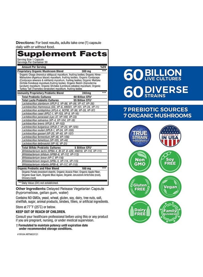 Vital Planet Vital Flora Immune Biome Shelf Stable Probiotic 60 Billion Digestive Support Probiotics For Women And Men With Prebiotics And Organic Mushrooms 30 Capsule - Image 2
