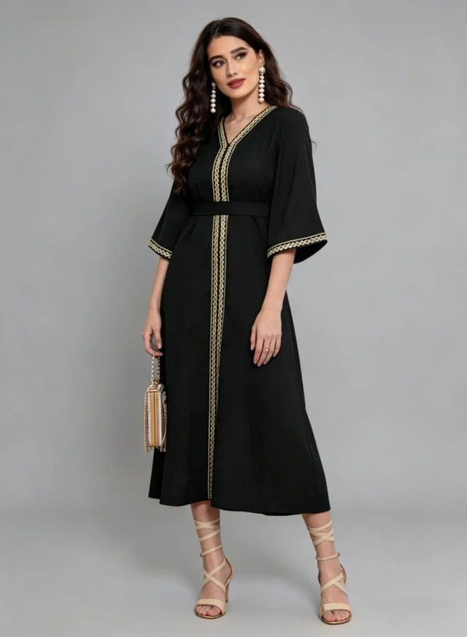 Take Two Black Belted A-Line Jalabiya with Gold Trim