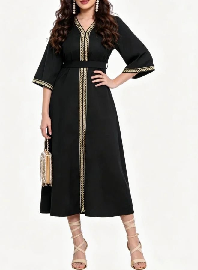 Take Two Black Belted A-Line Jalabiya with Gold Trim