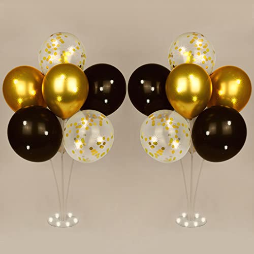 Ainiv 2 Set Table Balloon Stand Kit with Lights Light Up Balloon Holder Include 16 Black Gold Latex Confetti Balloons Graduation Party Decorations for Birthday Weddings Anniversary Christmas - Image 1