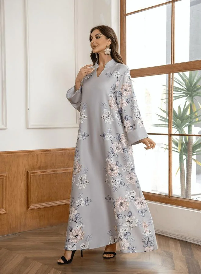 Take Two grey Take Two Floral Print Embellished Faux Pearl Detail Jalabiya for Women | Best Price UAE