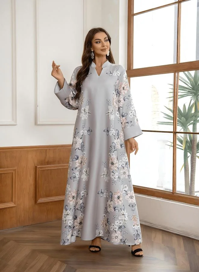 تايك تو جلابية مزينة بطبعة زهور وتفاصيل لؤلؤ صناعي