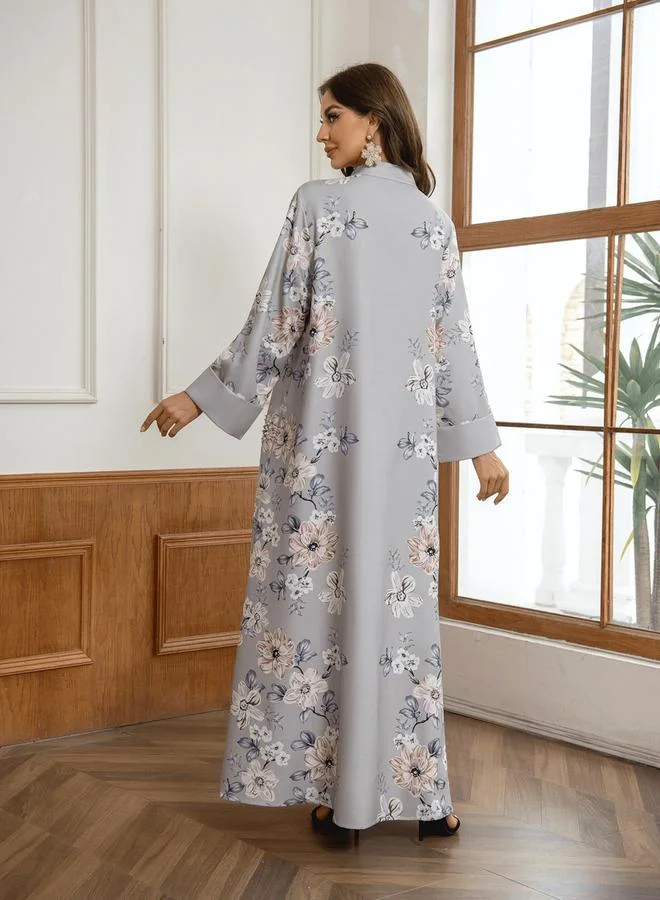 Take Two grey Take Two Floral Print Embellished Faux Pearl Detail Jalabiya for Women | Best Price UAE