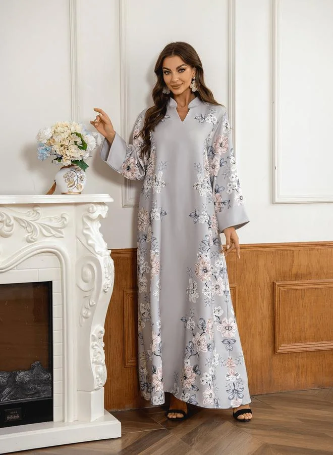 Take Two grey Take Two Floral Print Embellished Faux Pearl Detail Jalabiya for Women | Best Price UAE